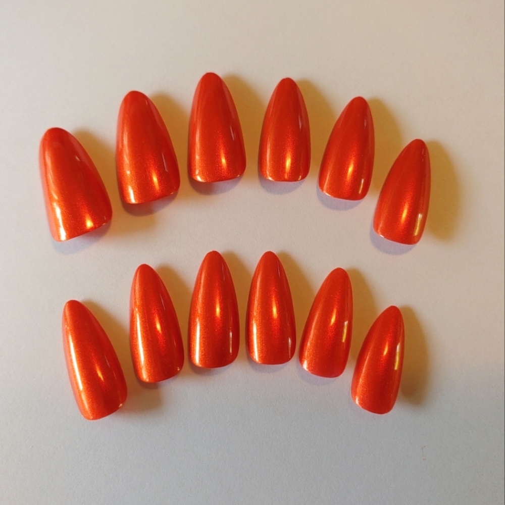 Orange Shimmer Press On Nails - Almond Shape - New Hand Painted